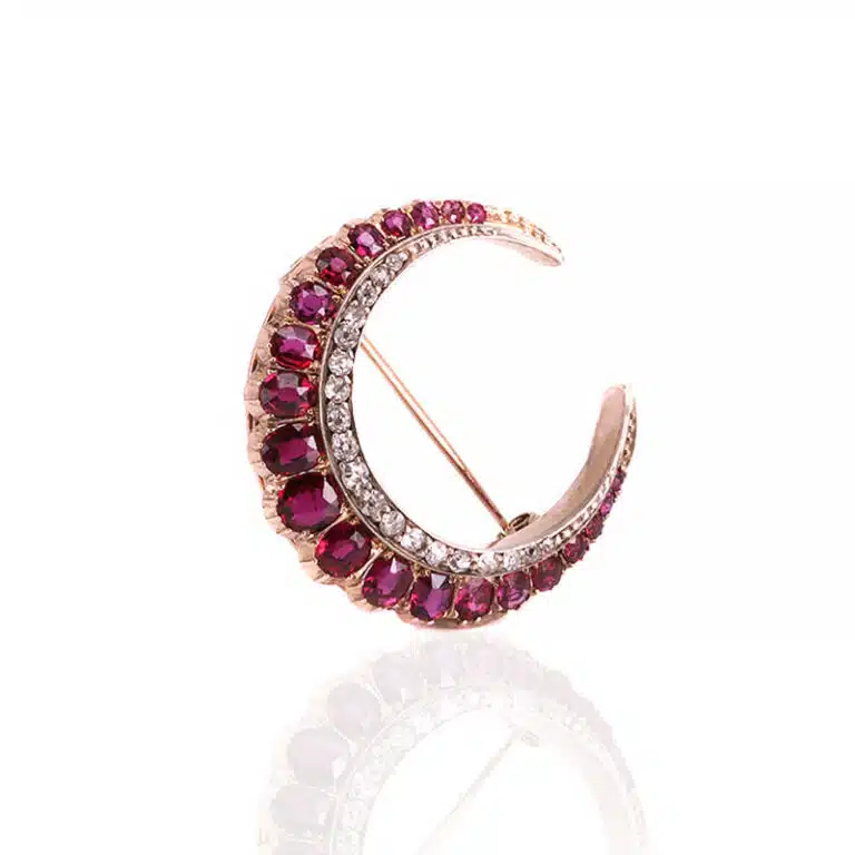 Antique ruby and diamond crescent brooch