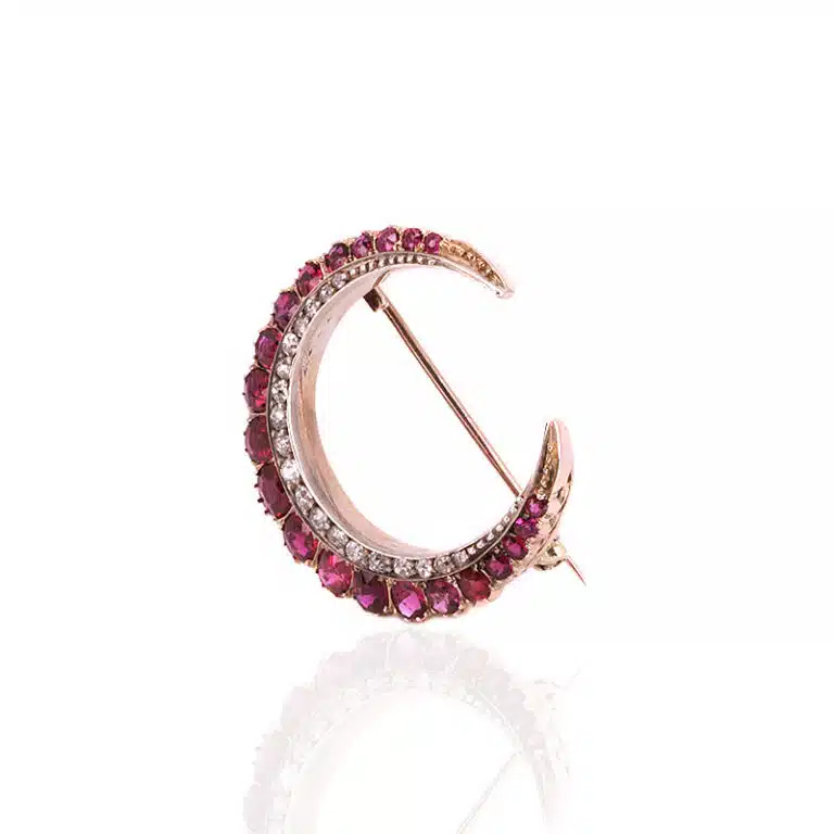 Antique ruby and diamond crescent brooch