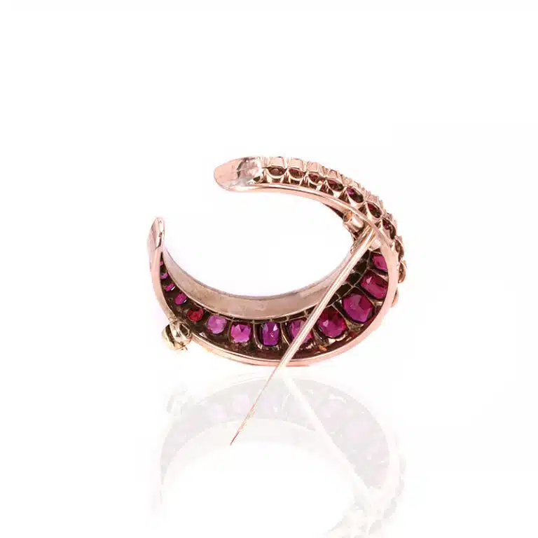 Antique ruby and diamond crescent brooch