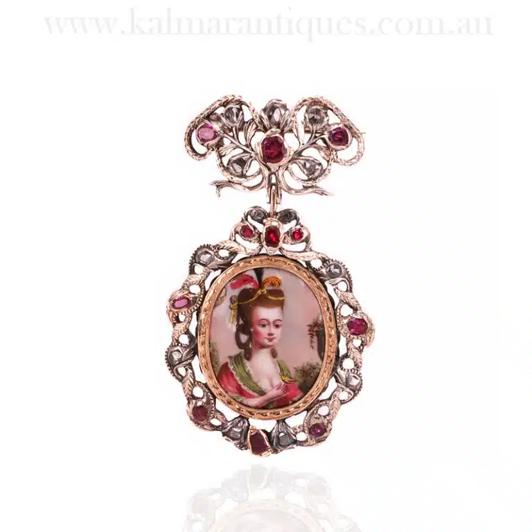 Antique Georgian era ruby and diamond pendant brooch