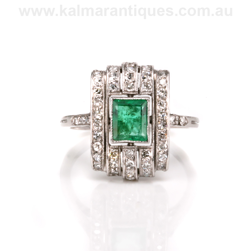 Platinum Art Deco Emerald And Diamond Ring