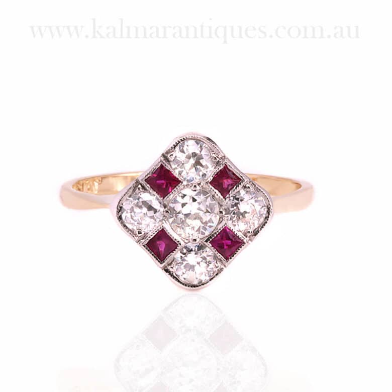 Square ruby and diamond Art Deco ringSquare ruby and diamond Art Deco ring