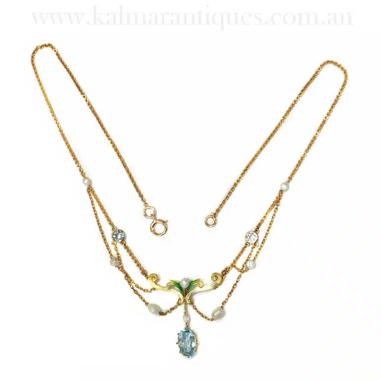 Art Nouveau aquamarine and pearl necklace