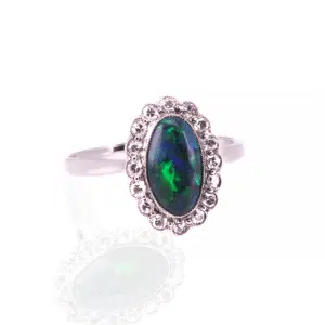 Art Deco Lightning Ridge black opal and diamond ring