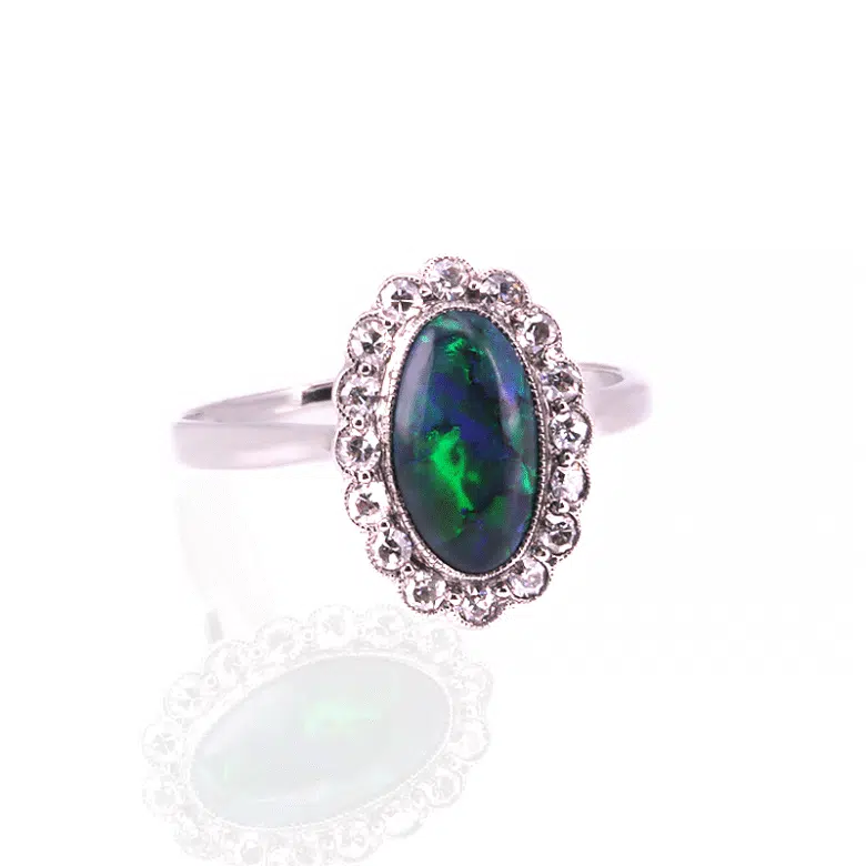 Art Deco Lightning Ridge black opal and diamond ring