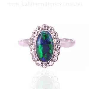 Art Deco Lightning Ridge black opal and diamond ring