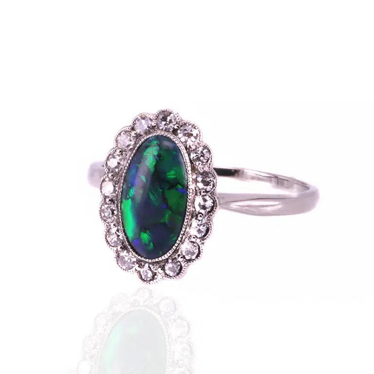 Art Deco Lightning Ridge black opal and diamond ring