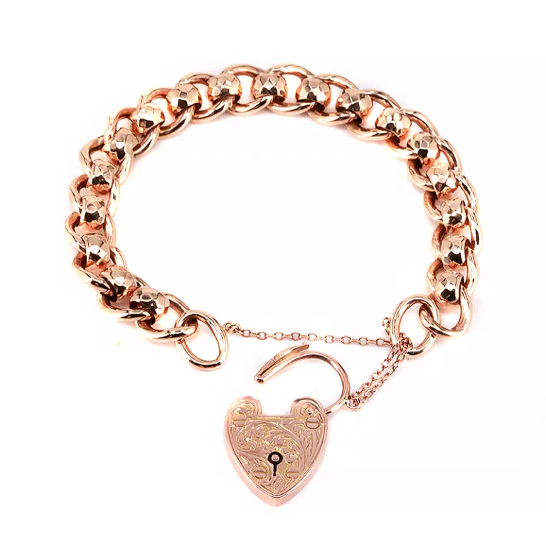 Antique curb and roller ball padlock bracelet