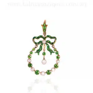 Antique demantoid garnet, pearl and enamel pendant
