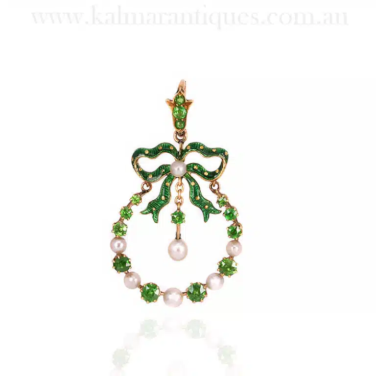 Antique demantoid garnet, pearl and enamel pendant