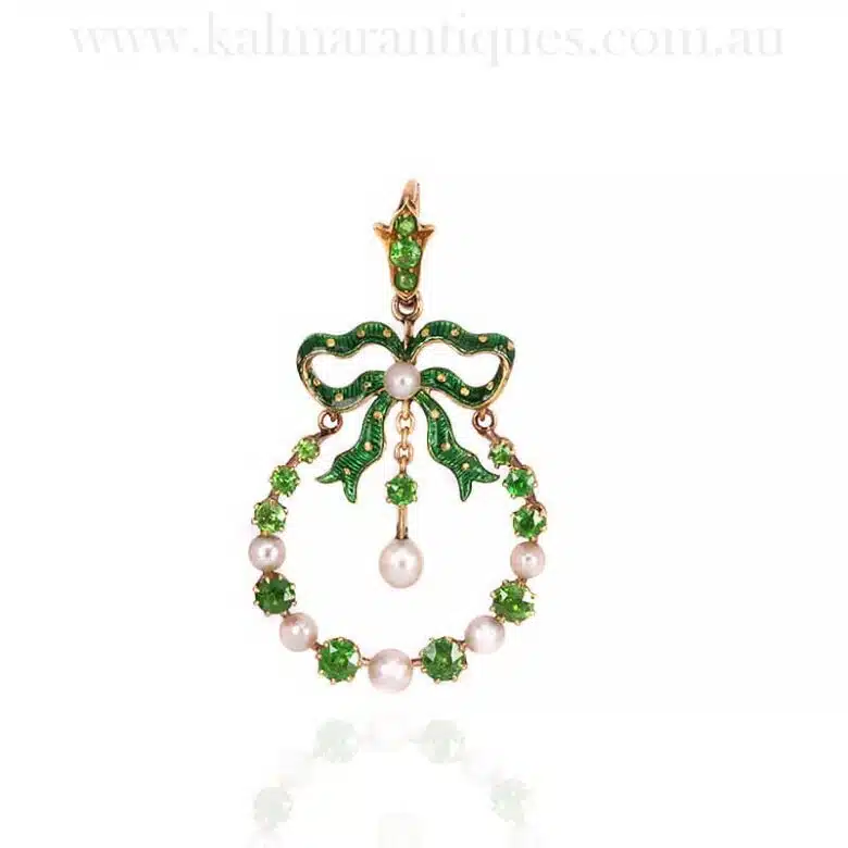 Antique demantoid garnet, pearl and enamel pendant