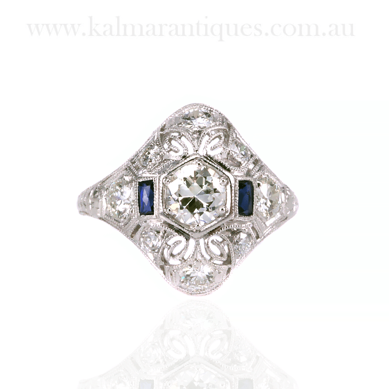 Art Deco diamond ring set with sapphires