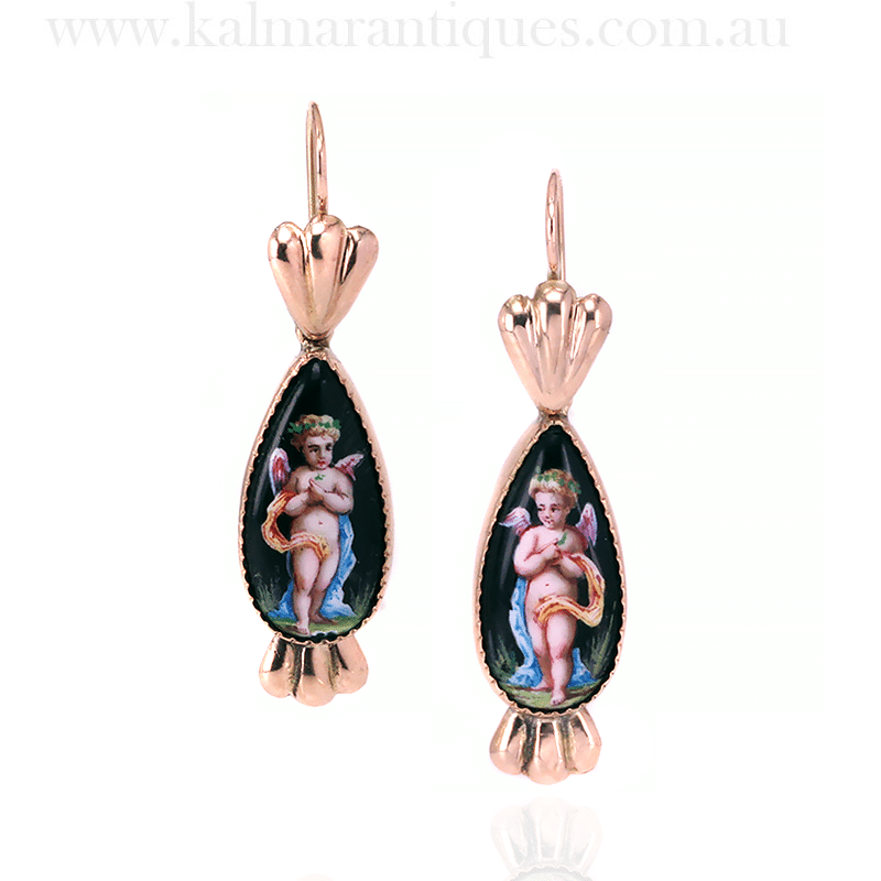 Antique enamel earrings of cherubs