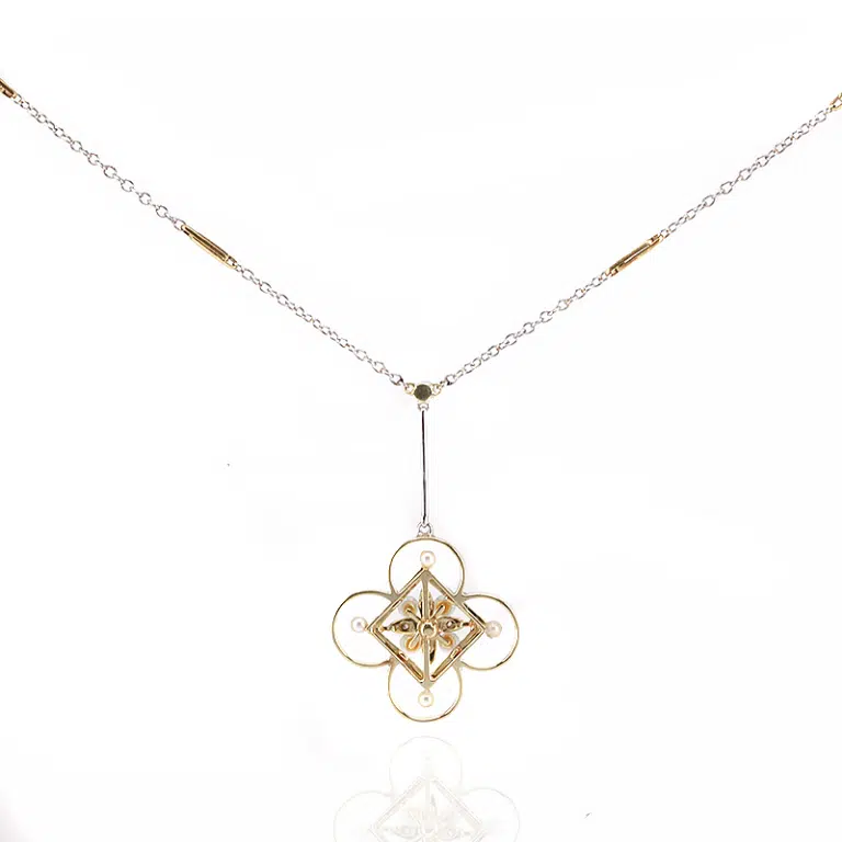 Enamel Art Deco pearl and diamond necklace