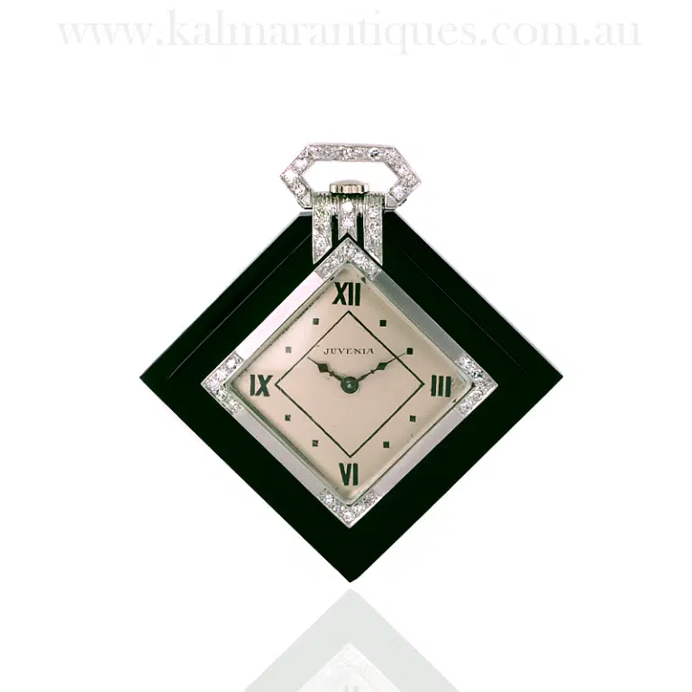 Exquisite Art Deco Onyx & Diamond Juvenia Pocket Watch