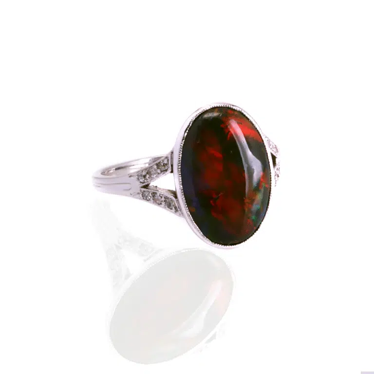 Art Deco Lightning Ridge black opal and diamond ring