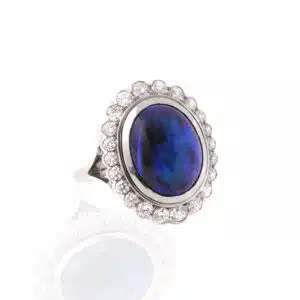 Lightning Ridge black opal and diamond cluster ring