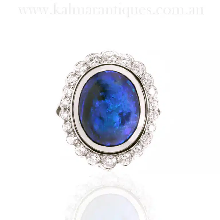 Lightning Ridge black opal and diamond cluster ring