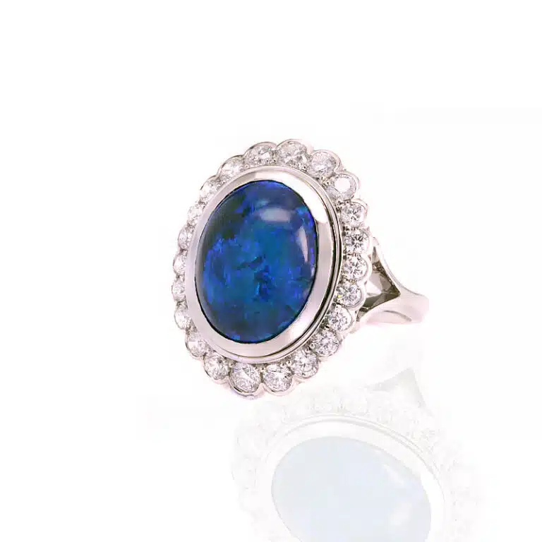 Lightning Ridge black opal and diamond cluster ring