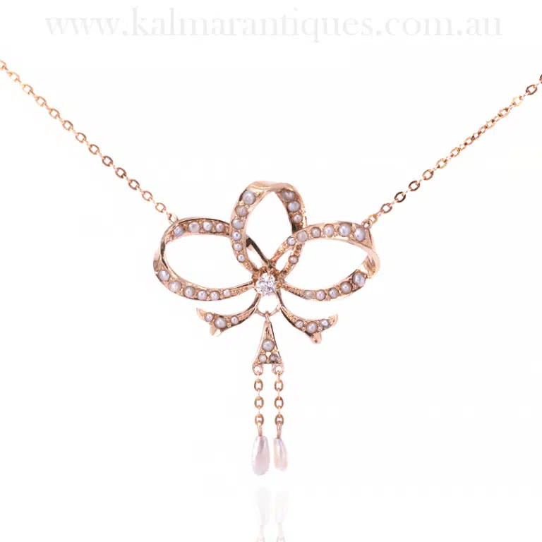 Antique diamond and pearl bow necklace