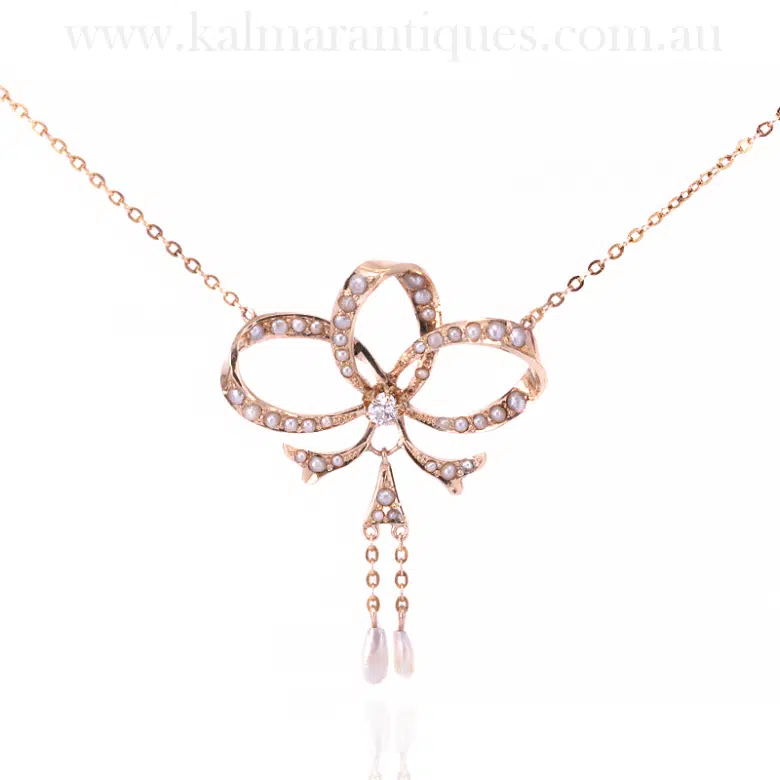Antique diamond and pearl bow necklace