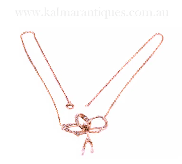 Antique diamond and pearl bow necklace