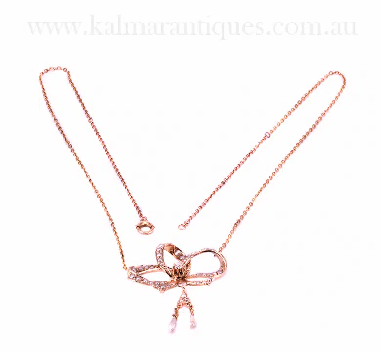 Antique diamond and pearl bow necklace