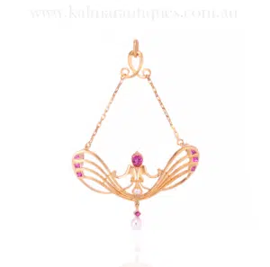 Exquisite Art Nouveau Ruby Diamond Pearl Pendant Brooch