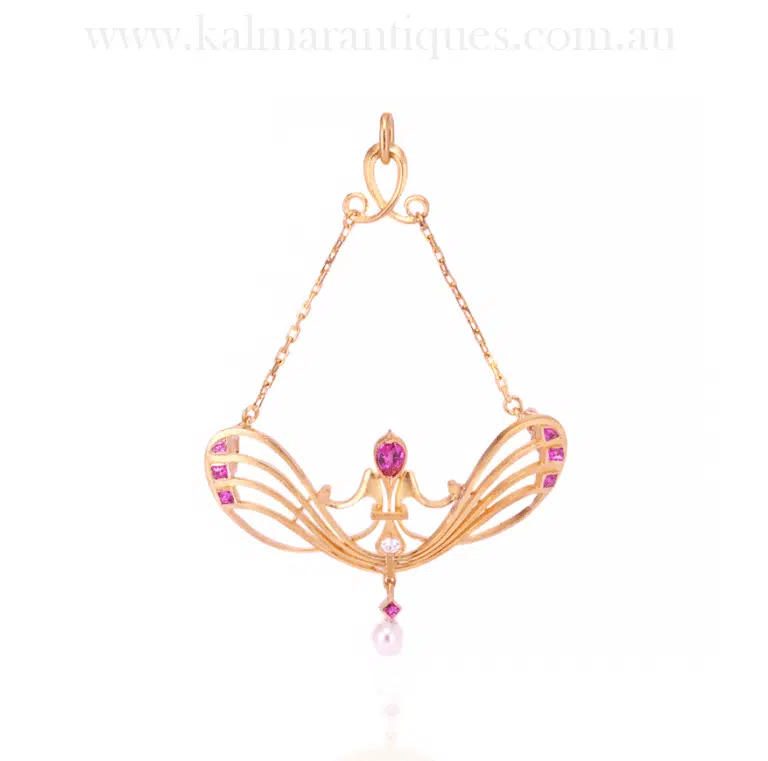 Exquisite Art Nouveau Ruby Diamond Pearl Pendant Brooch
