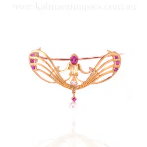 Exquisite Art Nouveau Ruby Diamond Pearl Pendant Brooch