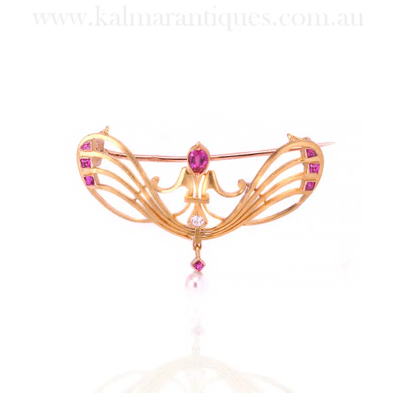 Exquisite Art Nouveau Ruby Diamond Pearl Pendant Brooch