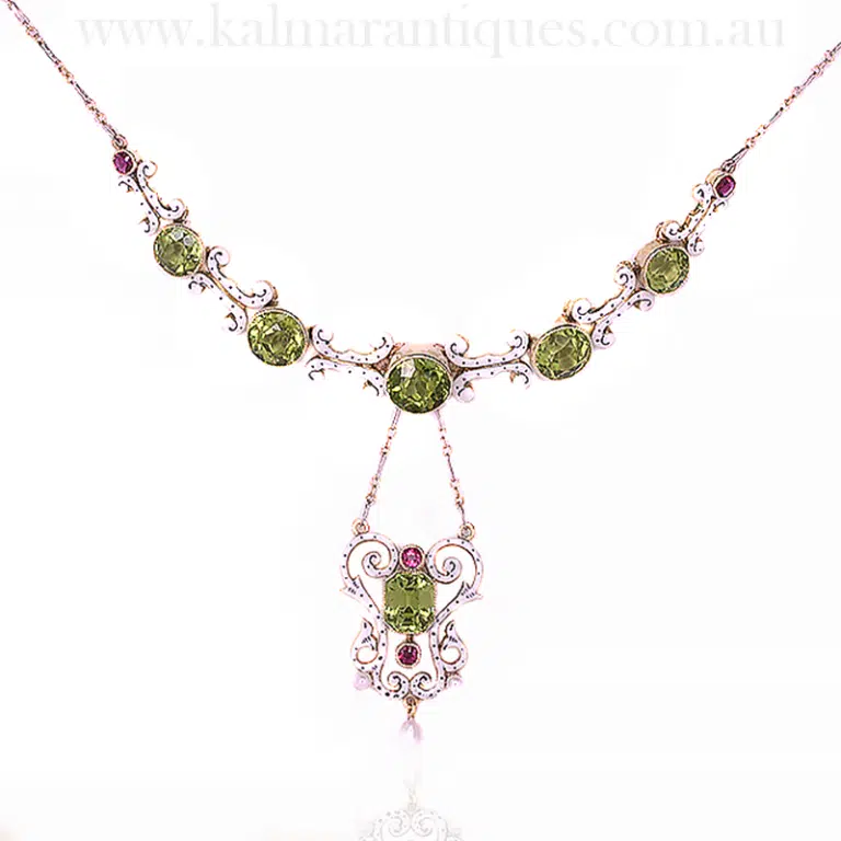 Antique enamel necklace with peridots and rubies