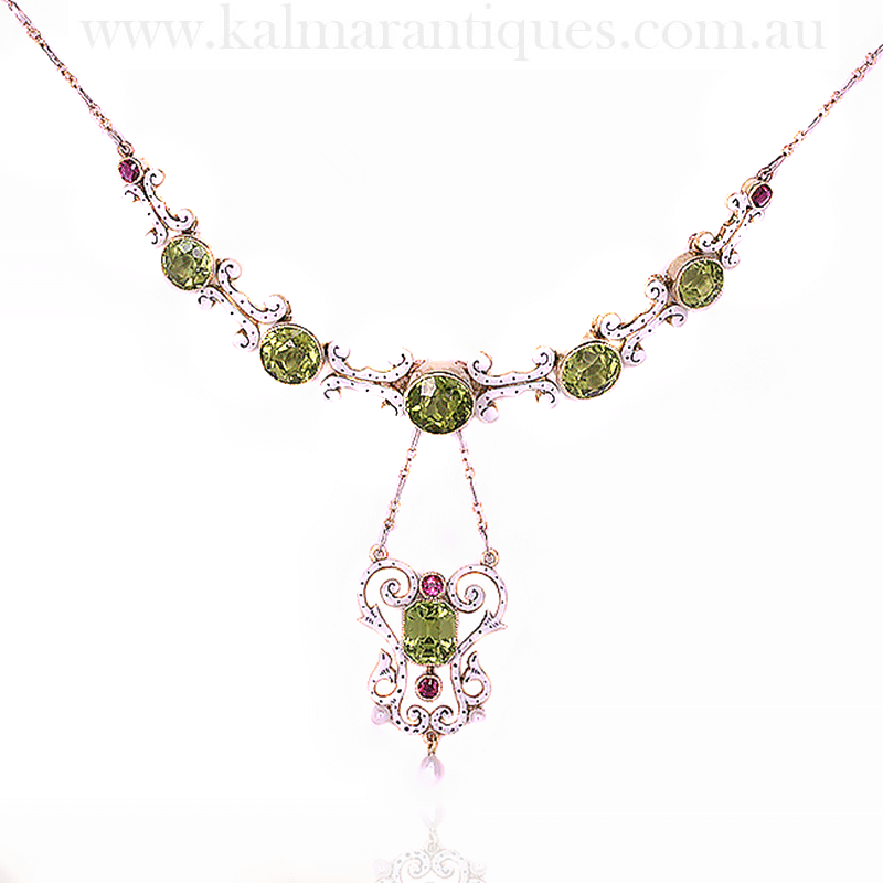 Antique enamel necklace with peridots and rubies