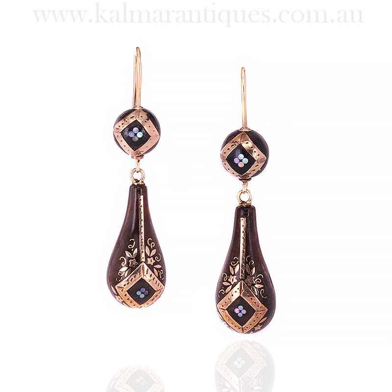 Antique pique earrings set with paua shell
