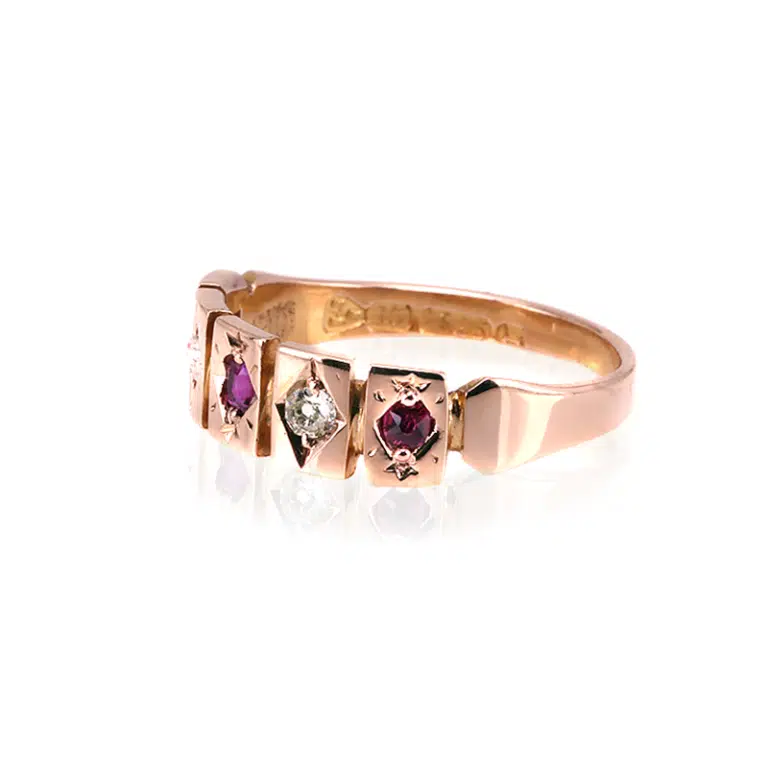 Elegant antique ruby and diamond ring made in 1880