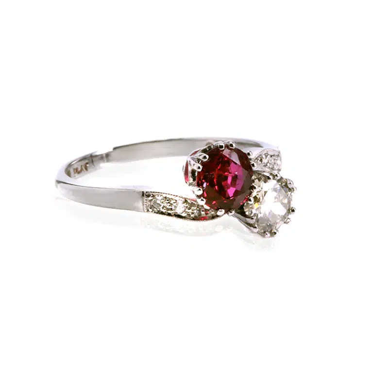 Art Deco ruby and diamond Toi et Moi ring