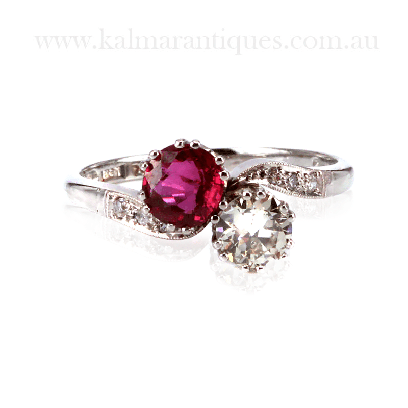 Art Deco ruby and diamond Toi et Moi ring