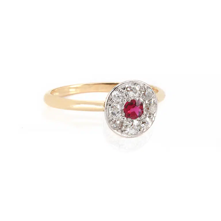 Art Deco ruby and diamond halo ring