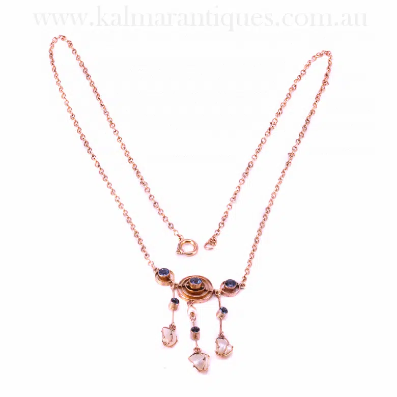 Sapphire and natural pearl necklace