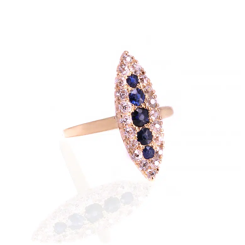 Antique sapphire and diamond lozenge shaped ring