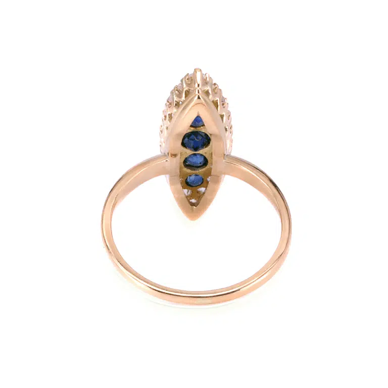 Antique sapphire and diamond lozenge shaped ring