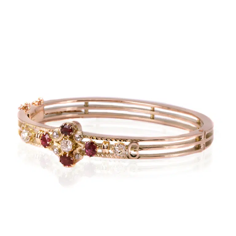 Antique ruby and diamond bangle by Denis Brothers