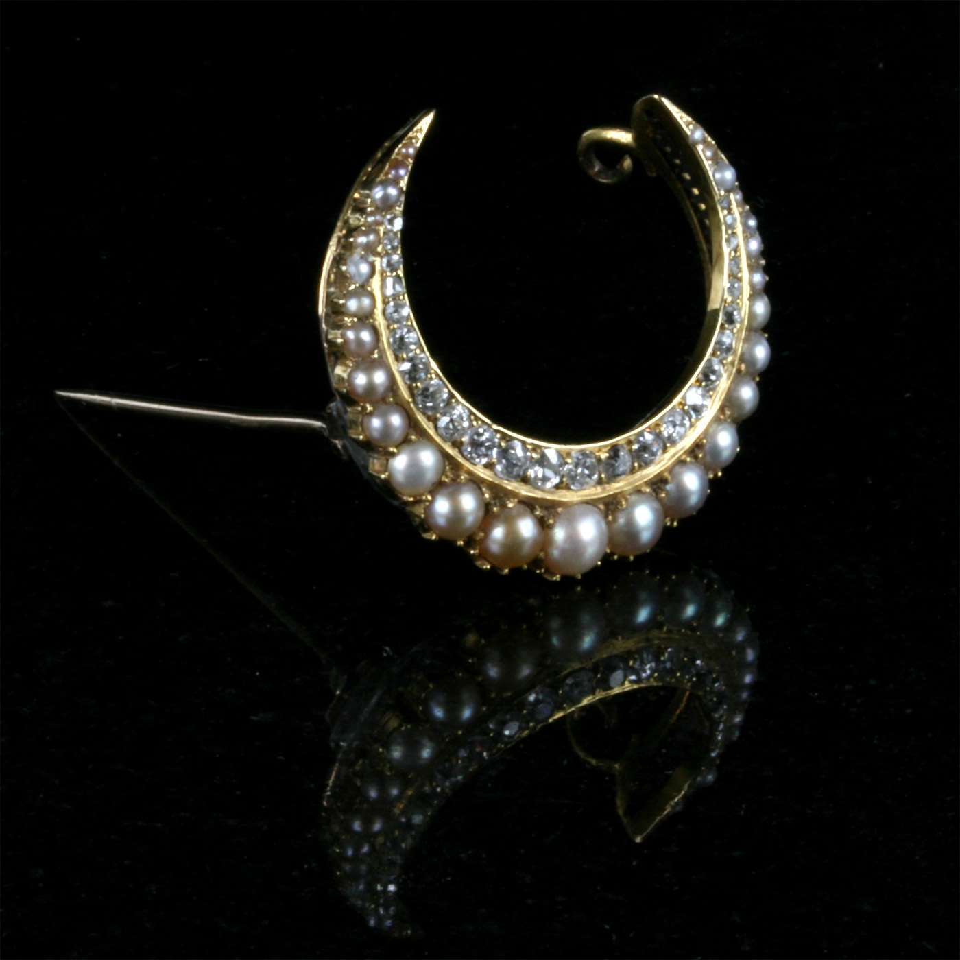 Buy Antique diamond and pearl crescent brooch. Sold Items