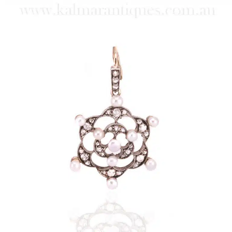 Gold and platinum Art Deco era diamond and pearl pendant.