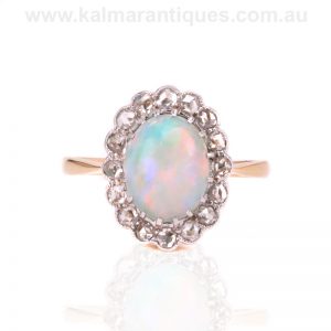 Art Deco opal ring set with rose cut diamonds made in the 1920's