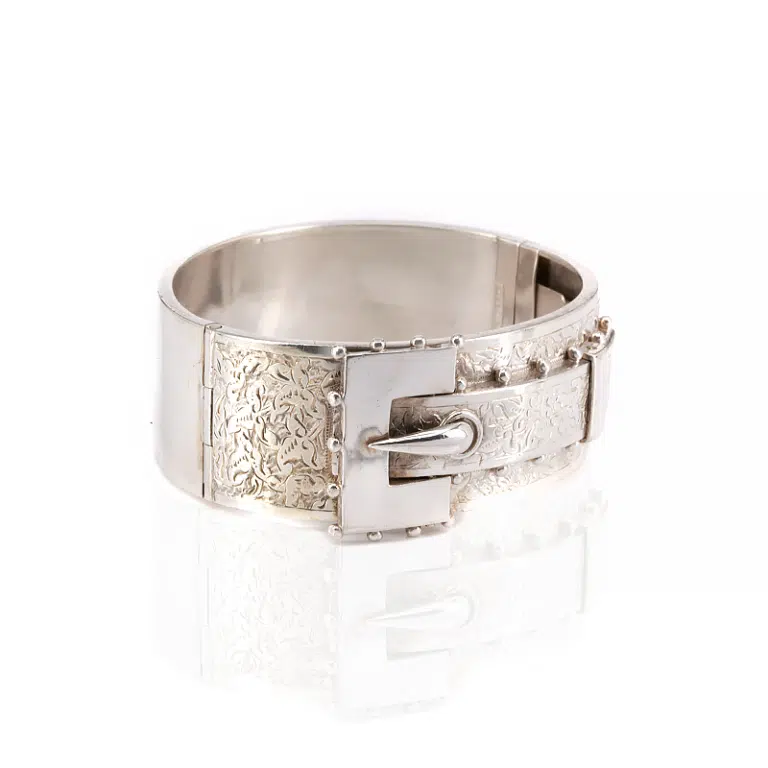 Hand engraved antique buckle bangle in sterling silver